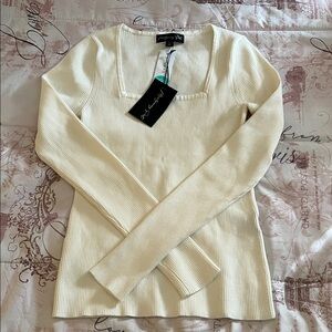 Montgomery Post Ivory Ribbed Square Neck Long Sleeve Top